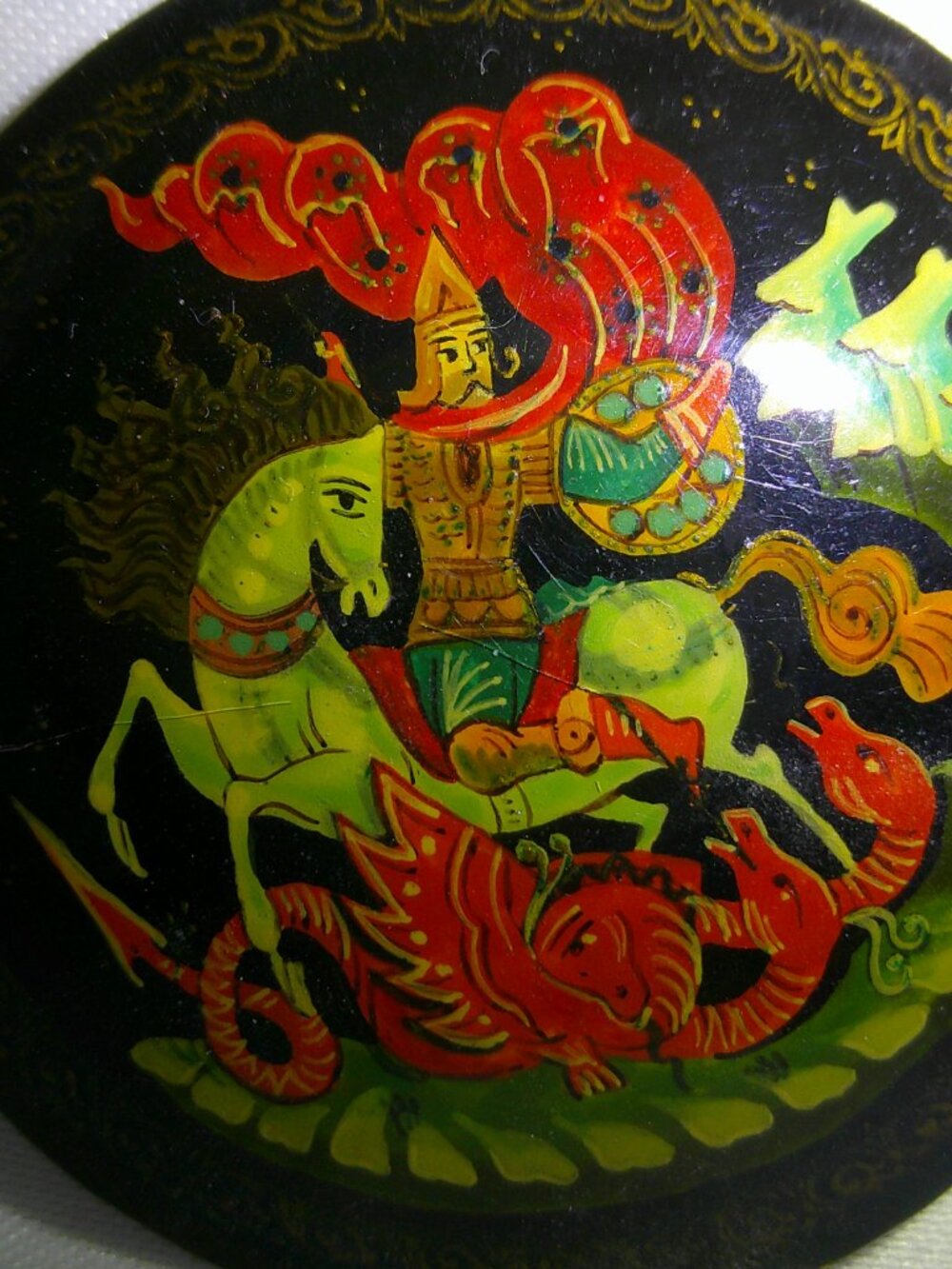 Vintage Russian Black Lacquer Brooch Pin Mstyora USSR Dobrynya and the Dragon